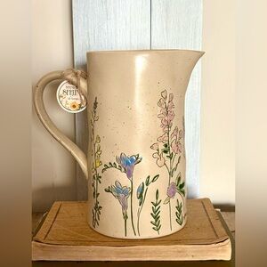 Ceramic Pressed Flower Floral Water Pitcher/Vase, 8”